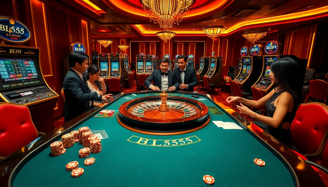 High-stakes players enjoying a luxurious BL555 casino experience with roulette and poker games.