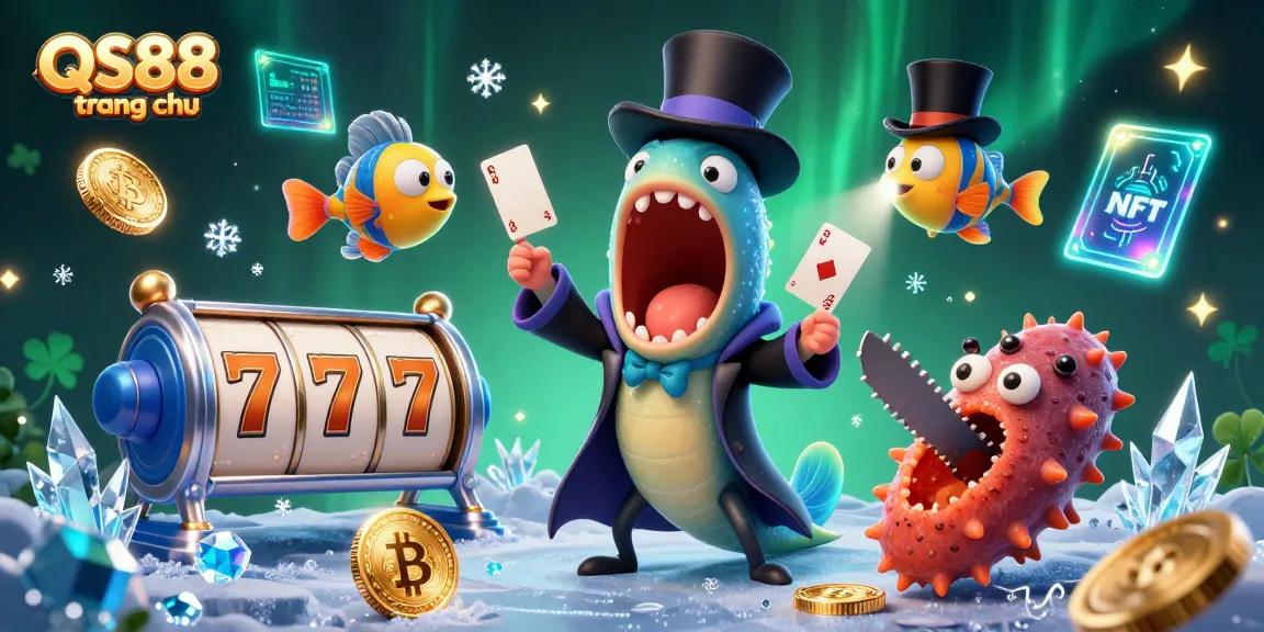 Experience thrilling casino magic with QS88 trang chu's bioluminescent eel performing card tricks amid vibrant 3D elements.