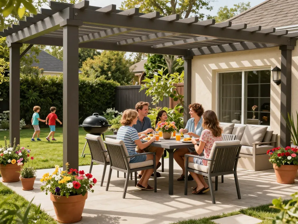 Famiglia che si gode un incontro all'aperto sotto una pergola progettata con un configuratore di pergole online, circondata da piante vivaci.