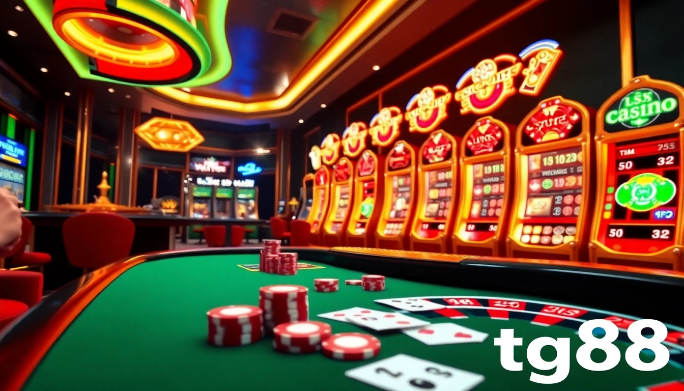 Tg88 online casino experience featuring vibrant slot machines and classic casino tables.