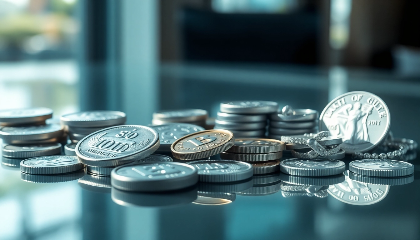 Valuta il compro argento con monete disposte elegantemente su una superficie riflettente.