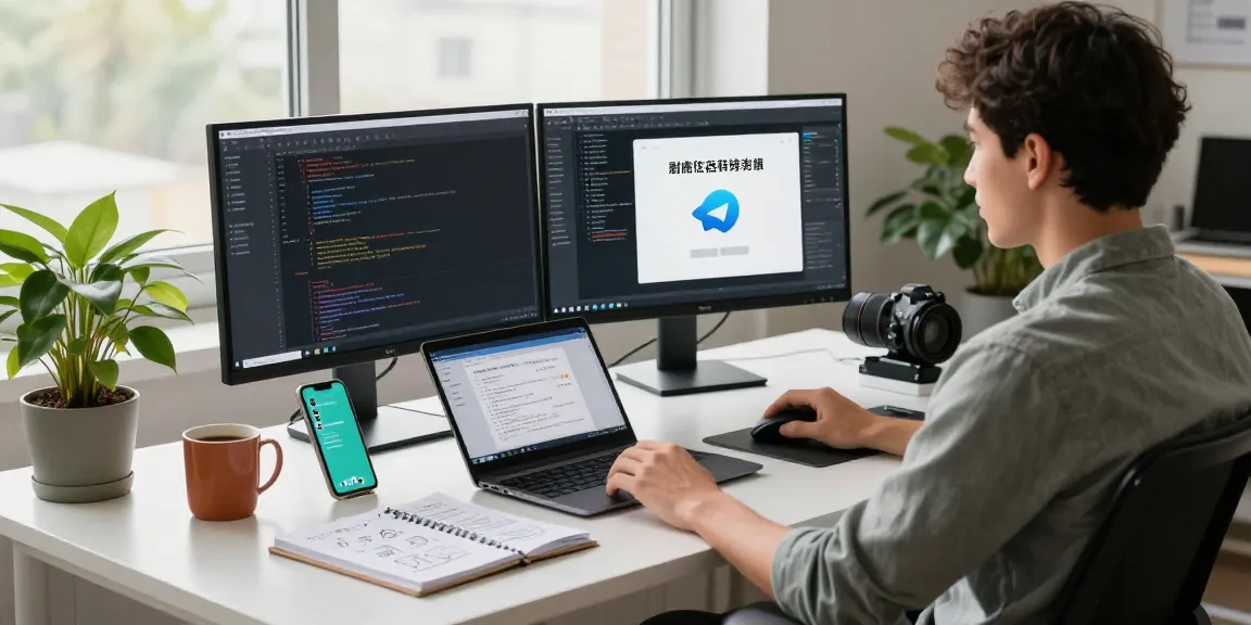 Developer setting up Telegram Chinese in a modern office with code and notification alerts.