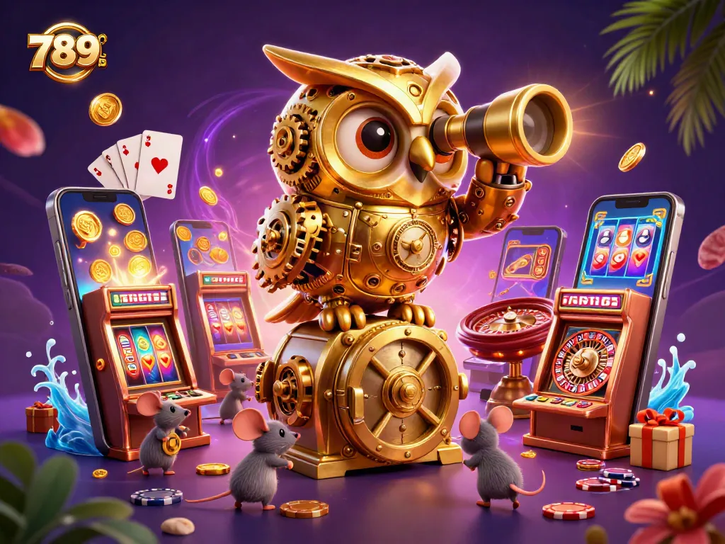 Engage in the vibrant world of 789CLUB with a dynamic 3D casino illustration featuring an owl, mice, and slot games.