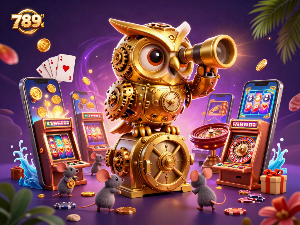 Engage in the vibrant world of 789CLUB with a dynamic 3D casino illustration featuring an owl, mice, and slot games.