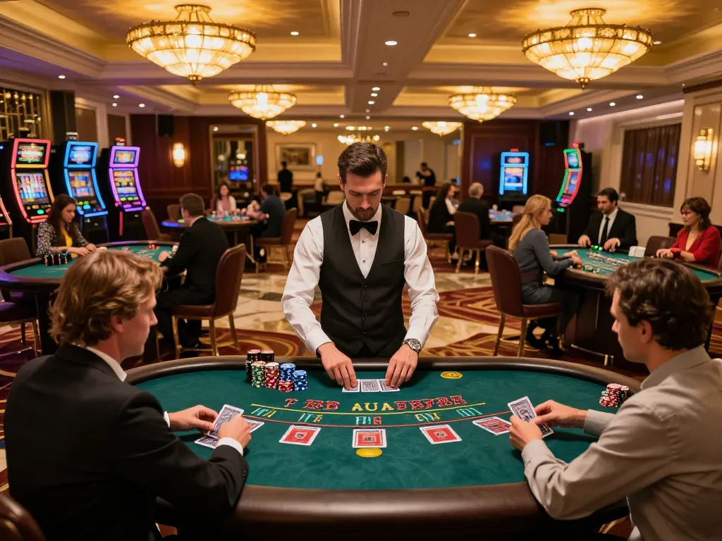 Players mastering strategy at NHÀ CÁI VUA88 blackjack table, dynamic casino atmosphere enhances engagement.