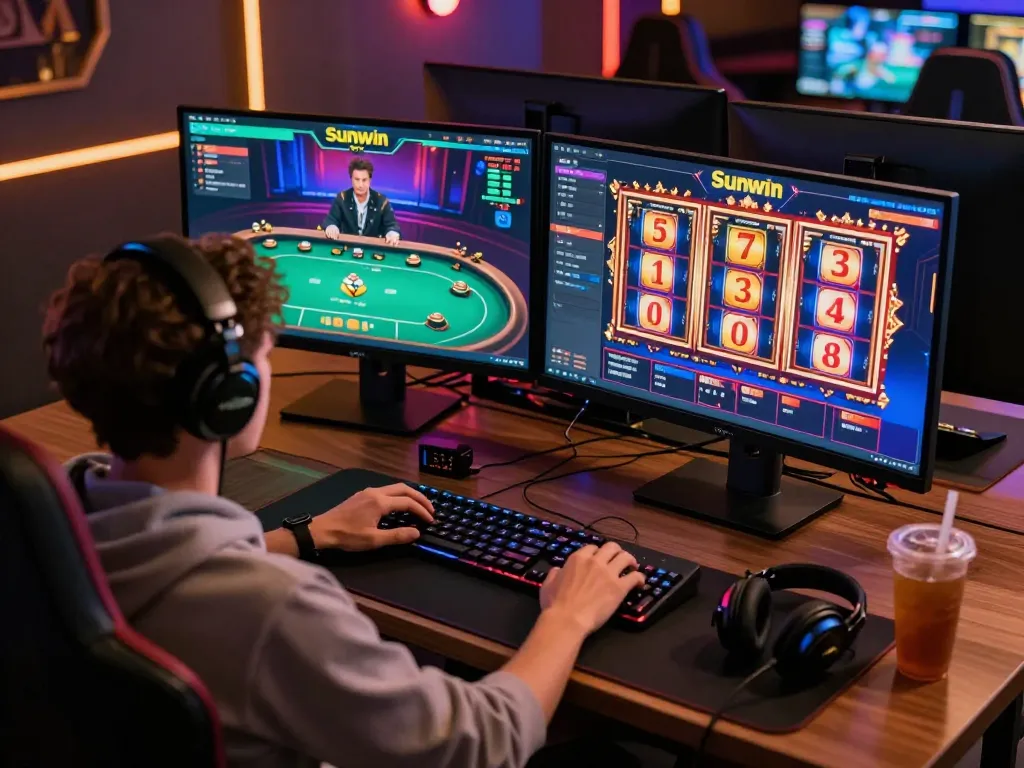 Engaged player experiencing Sunwin's thrilling online gaming with multiple screens displaying vibrant casino action.