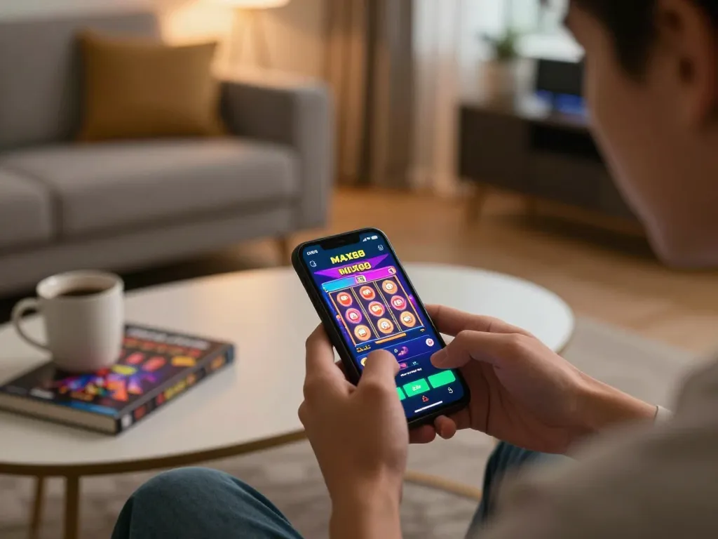 Engaging with the NHÀ CÁI MAX88 mobile app in a cozy home setting, focusing on online gaming excitement.