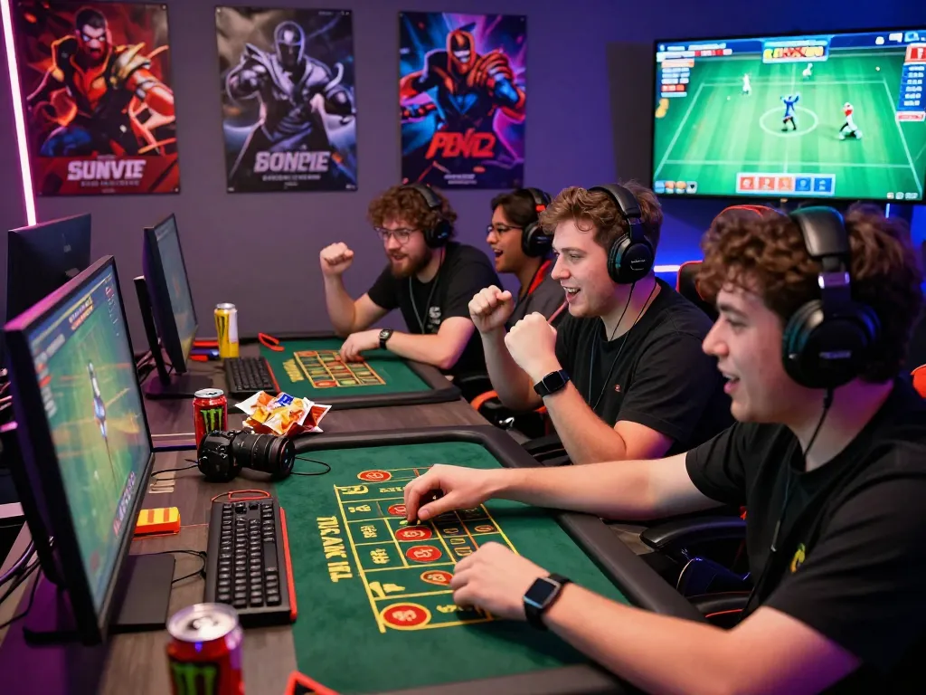 Friends immersed in a lively tài xỉu sunwin gaming session surrounded by accessories and excitement.