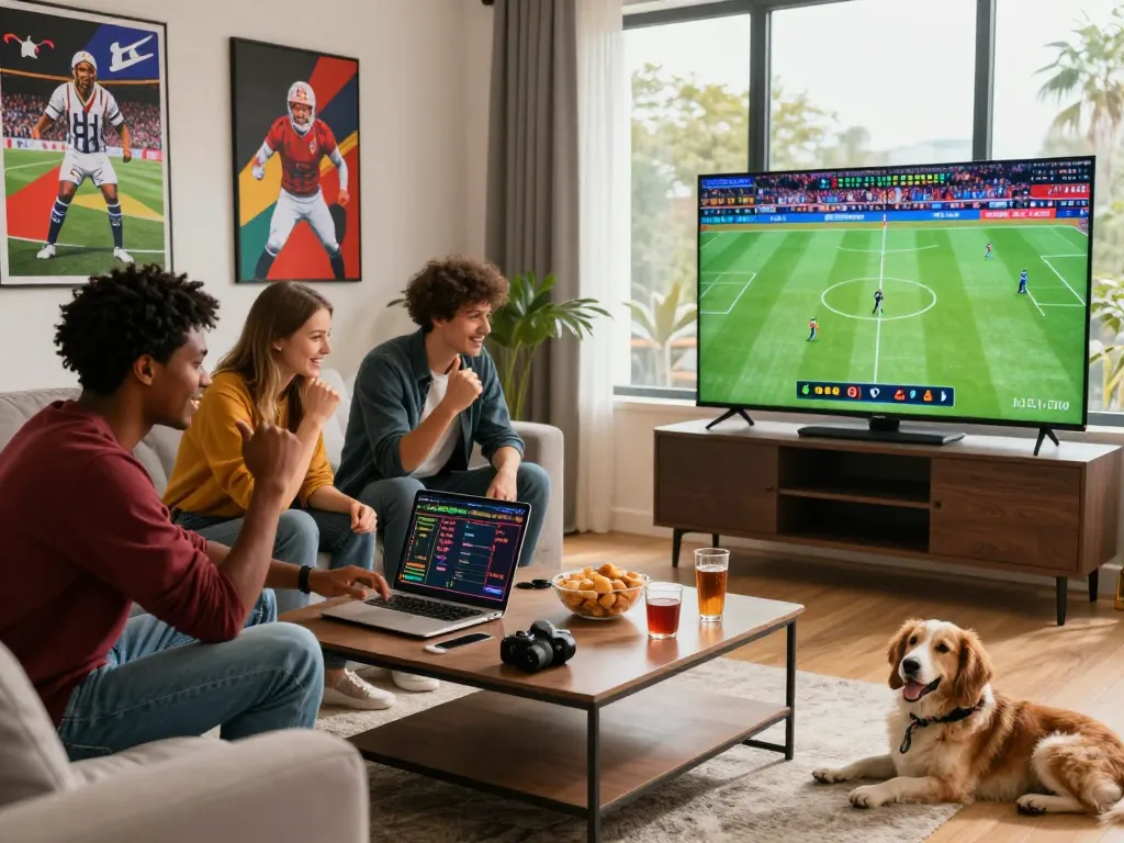 Friends enjoying online betting on a laptop in a vibrant living room, showcasing nhà cái uy tín experience while watching live sports.