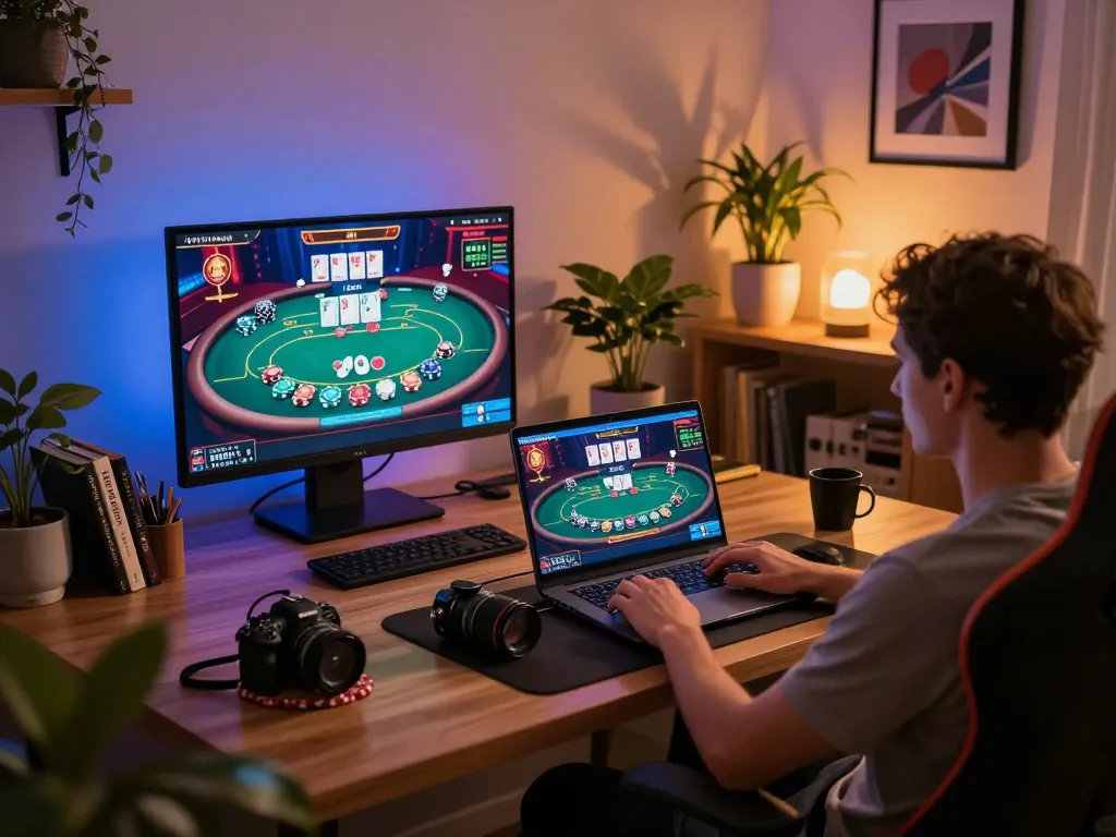 RR99 online casino engaging with a live dealer game on laptop, cozy home setup, responsible gaming atmosphere.