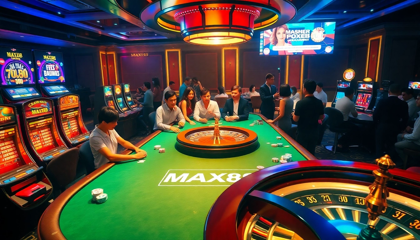 Experience the thrill at MAX88 with vibrant casino gaming, poker chips, and roulette excitement.