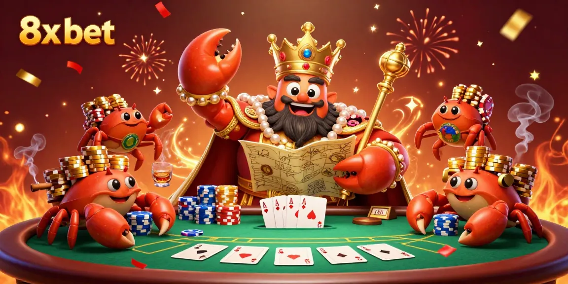 Engage with the vibrant 8x bet casino scene featuring a golden crab emperor amidst dynamic gaming elements.