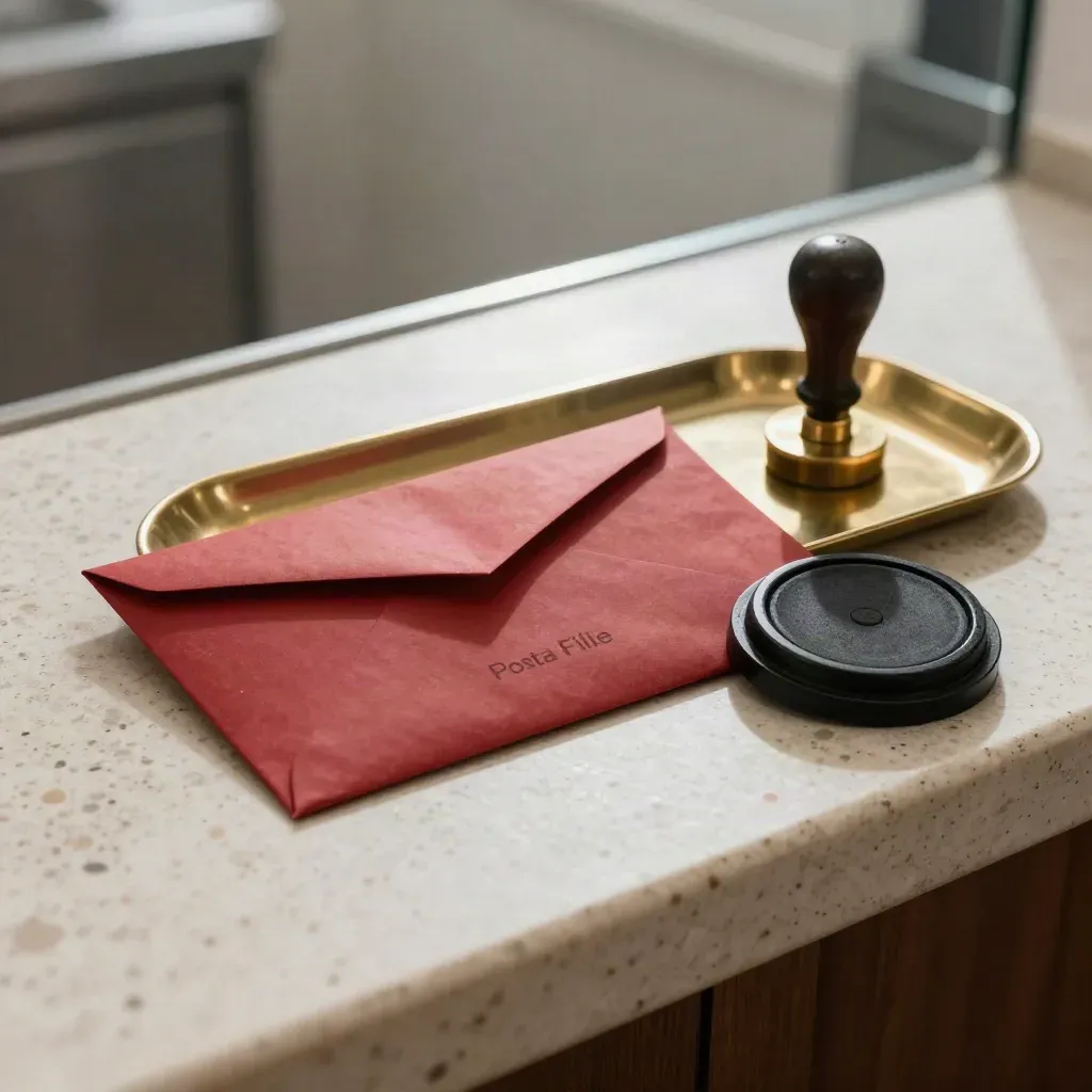 Busta raccomandata rossa con timbro, vassoio in ottone e tampone su banco in travertino