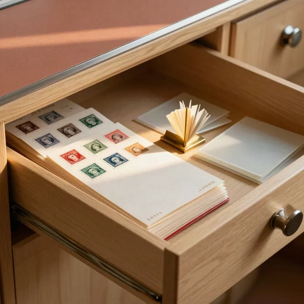 Cassetto con libretti e fogli di francobolli su legno chiaro, luce calda di filiale.