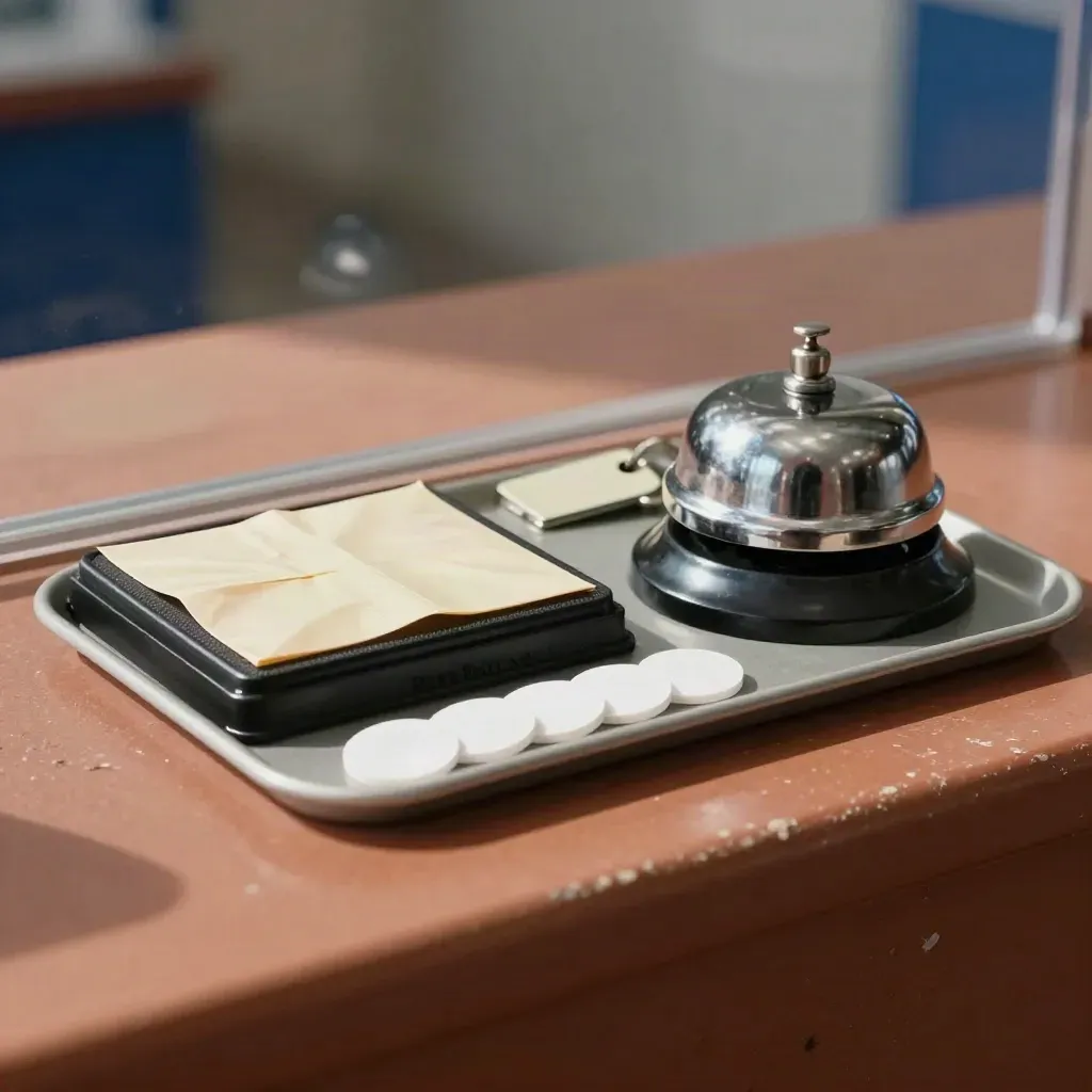 Oggetti di assistenza in filiale su vassoio: timbro, sigilli, campanello e token bianchi.