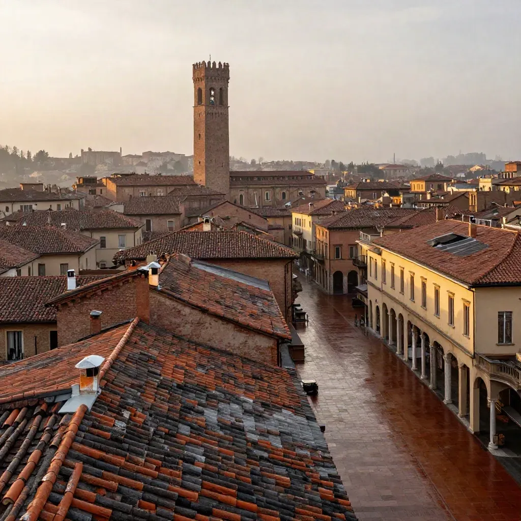 Tetti di Bologna al tramonto con torre alta e piazza in cotto bagnata dalla pioggia
