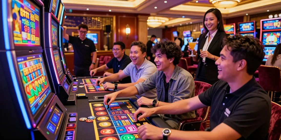 Excited players enjoying the rokok88 slot machine in a vibrant casino atmosphere.