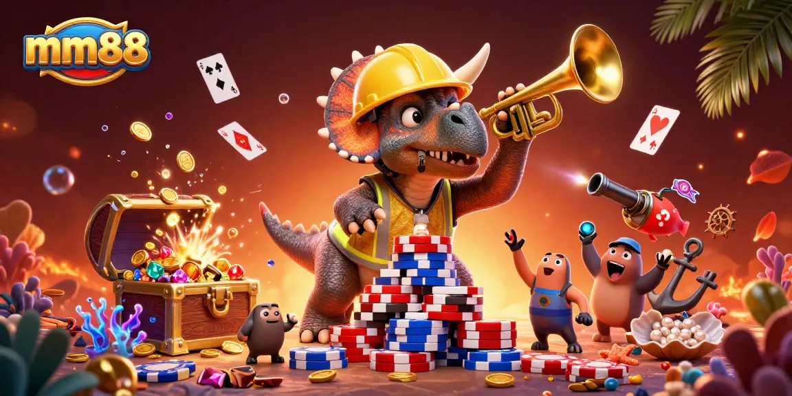 mm88 triceratops building poker chips and celebrating, vibrant casino-themed scene