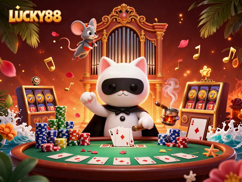 Experience thrilling action with LUCKY88 slots, featuring dynamic 3D characters in a vibrant casino setting.