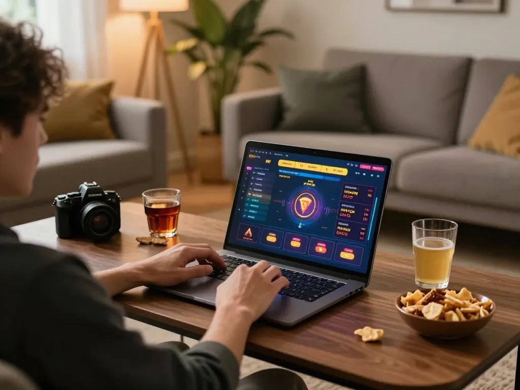 TẢI MI88 while enjoying online gaming setup in a comfortable living room.