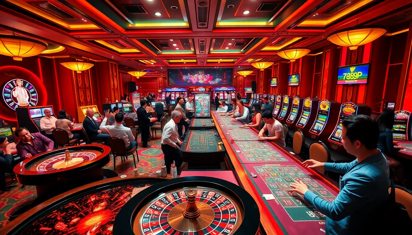 Excited players celebrating wins at 789P luxury casino with vibrant tables and slot machines.