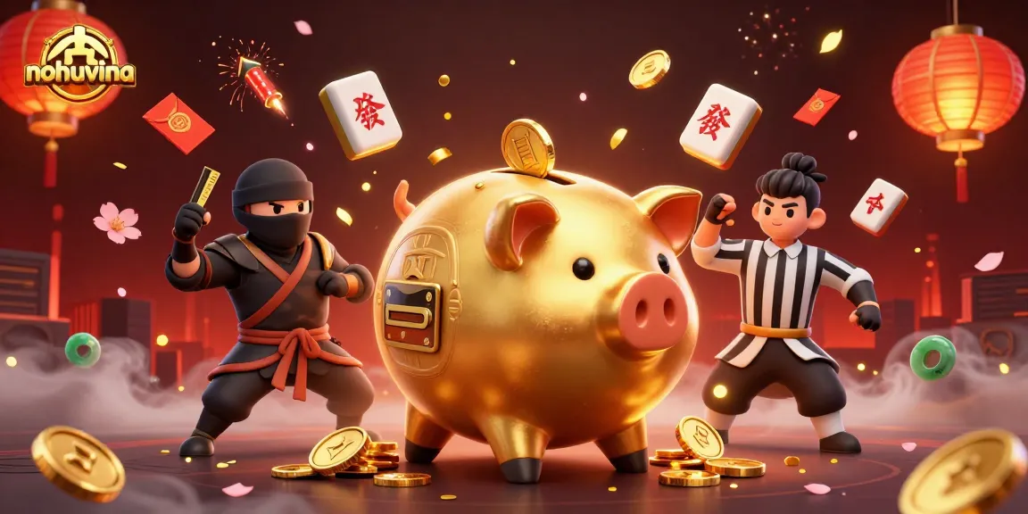 Nohuvina gamers celebrate with vibrant 3D characters in an exhilarating casino scene.