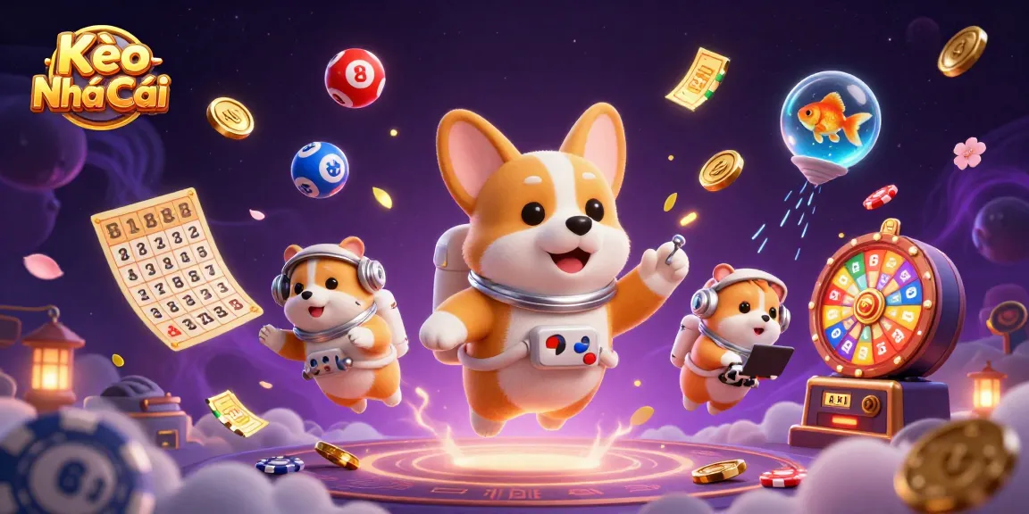 Experience the excitement of Kèo Nhà Cái with dynamic floating characters and colorful lottery elements.