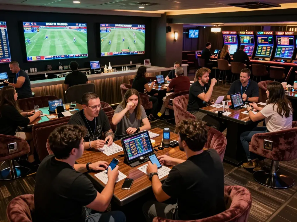 Fans actively placing bets and enjoying the lively atmosphere at vipwin's sports betting lounge