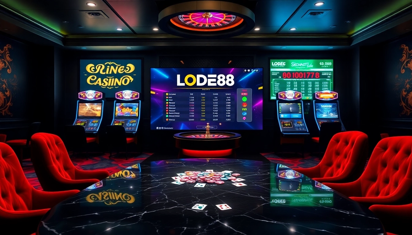 Experience thrilling gameplay at LODE88 with vibrant casino visuals showcasing poker chips and gaming interfaces.