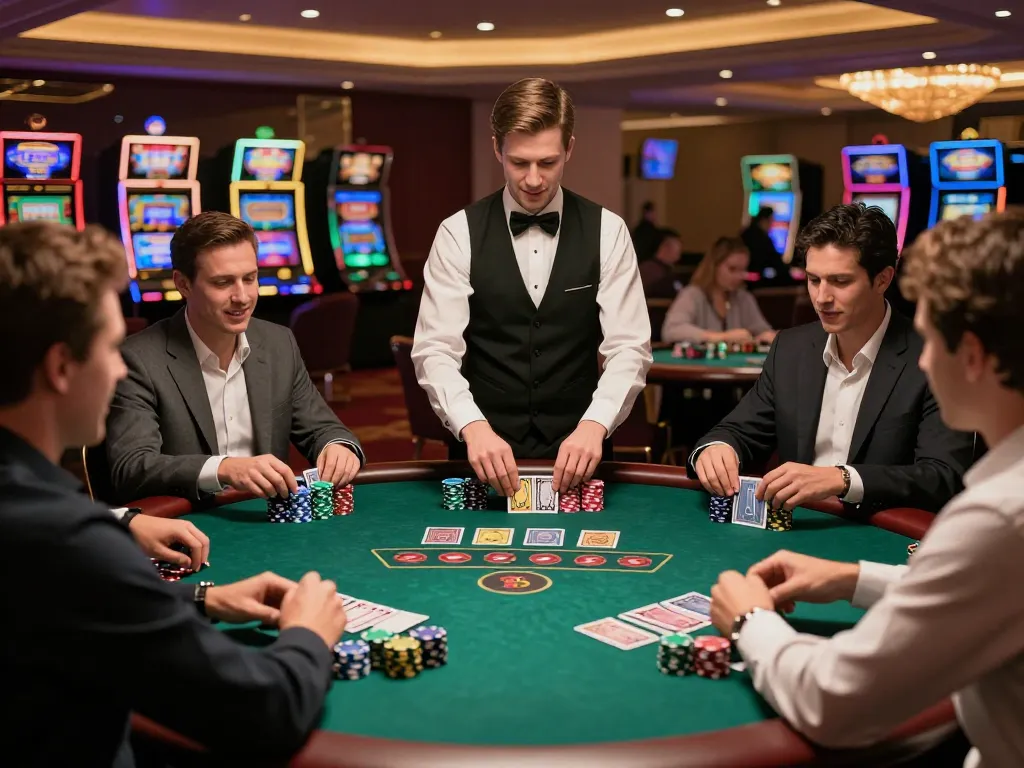 Players engaged in strategic blackjack at 98win trang chủ casino, warm lighting and vibrant atmosphere.