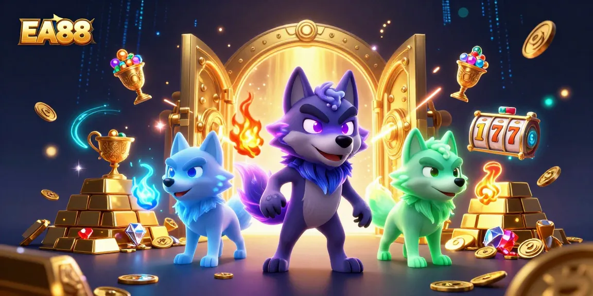 Engage with EA88's vibrant slot theme showcasing a ghostly wolf pack amidst treasure and jewels.