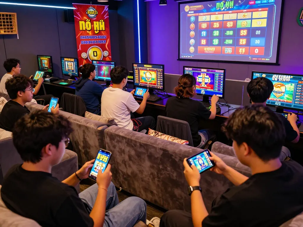 Nổ hũ đổi thưởng players enjoying an exciting gaming atmosphere with vibrant visuals and engaging slot games.