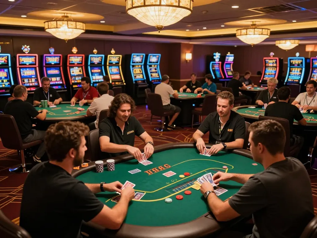 Players enjoying intense poker games at the YO88 casino, vibrant ambiance filled with excitement.