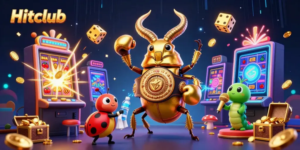 Hitclub features a vibrant casino scene with a golden beetle champion and celebratory elements