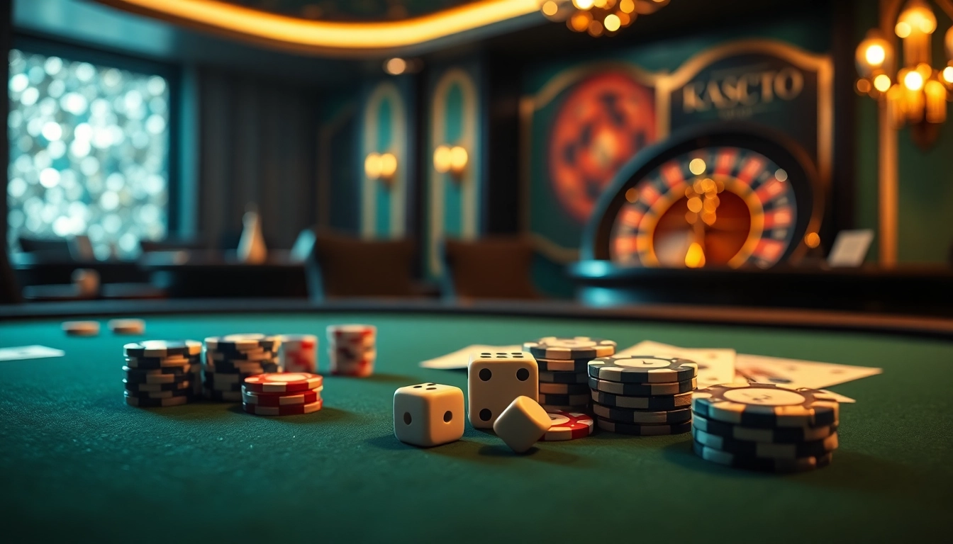Experience the thrill of gambling with luxurious visuals at https://kjc.pro/, showcasing poker tables and roulette wheels.