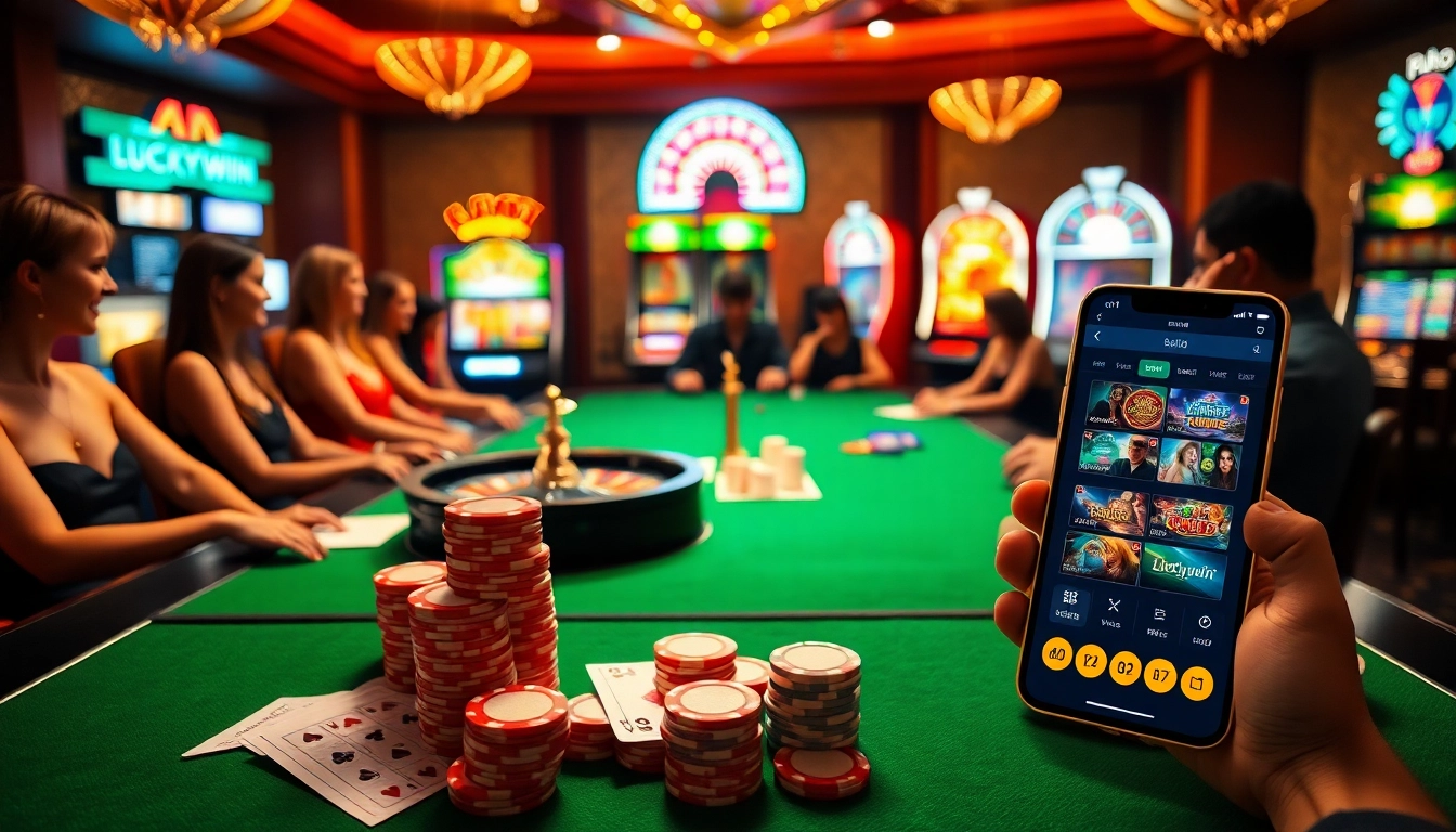 Excited players engaging in games at a luxurious Luckywin online casino.