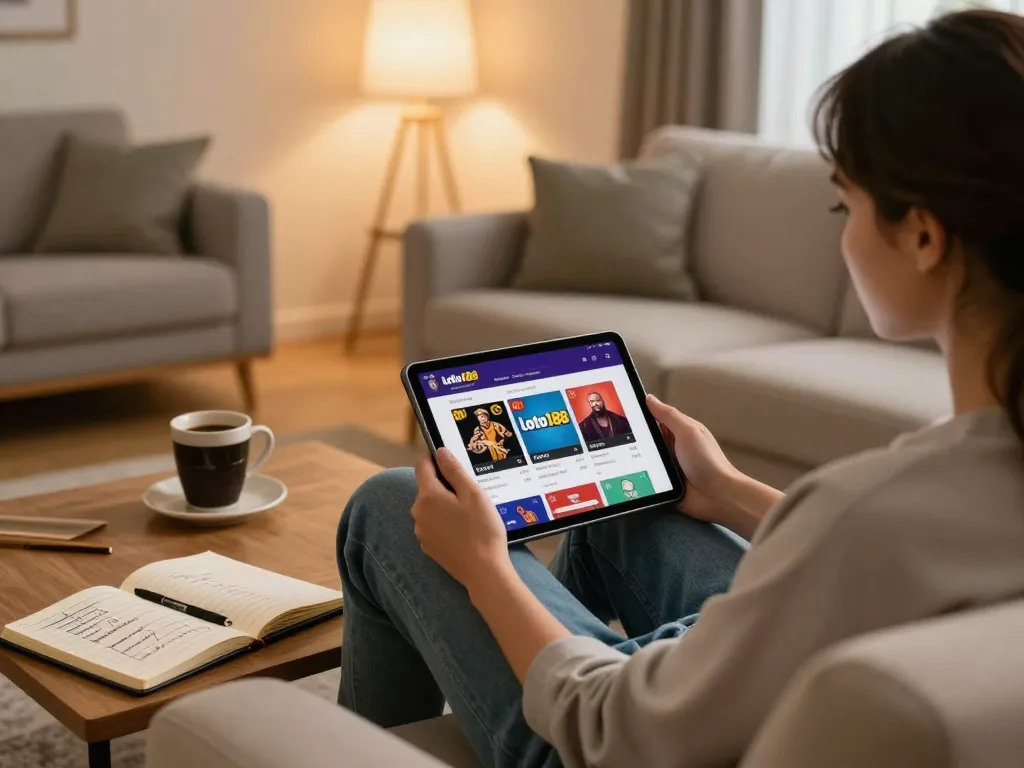 Loto188 user engaging with online casino app in a cozy home environment, showcasing responsible gaming.