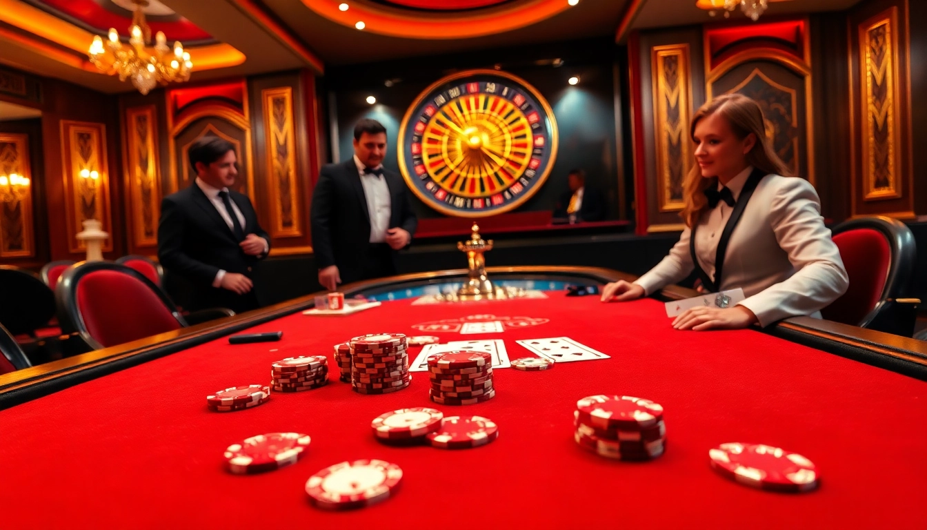 Experience thrilling gameplay at uu88.company with a luxurious casino setting featuring poker tables and roulette wheels.