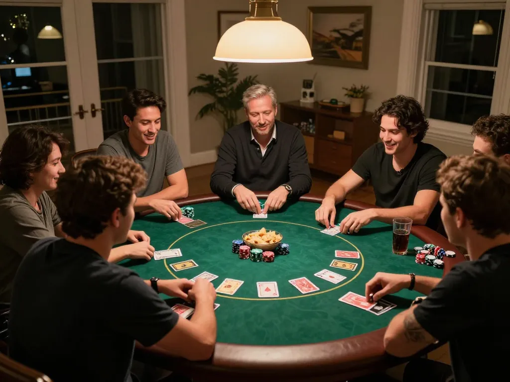 Friends enjoying a competitive game of poker at home with 32win atmosphere, showcasing strategy and camaraderie.