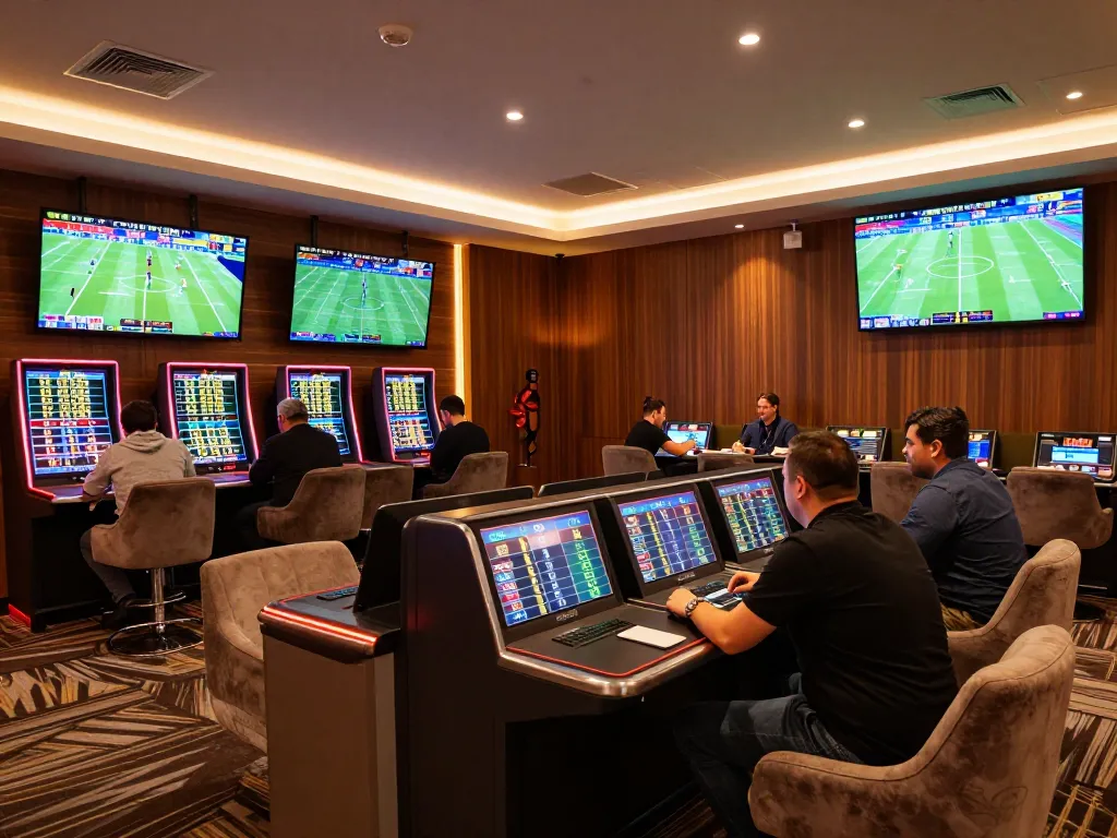 Betting action in a luxurious setting showing tỷ lệ kèo nhà cái displayed on screens