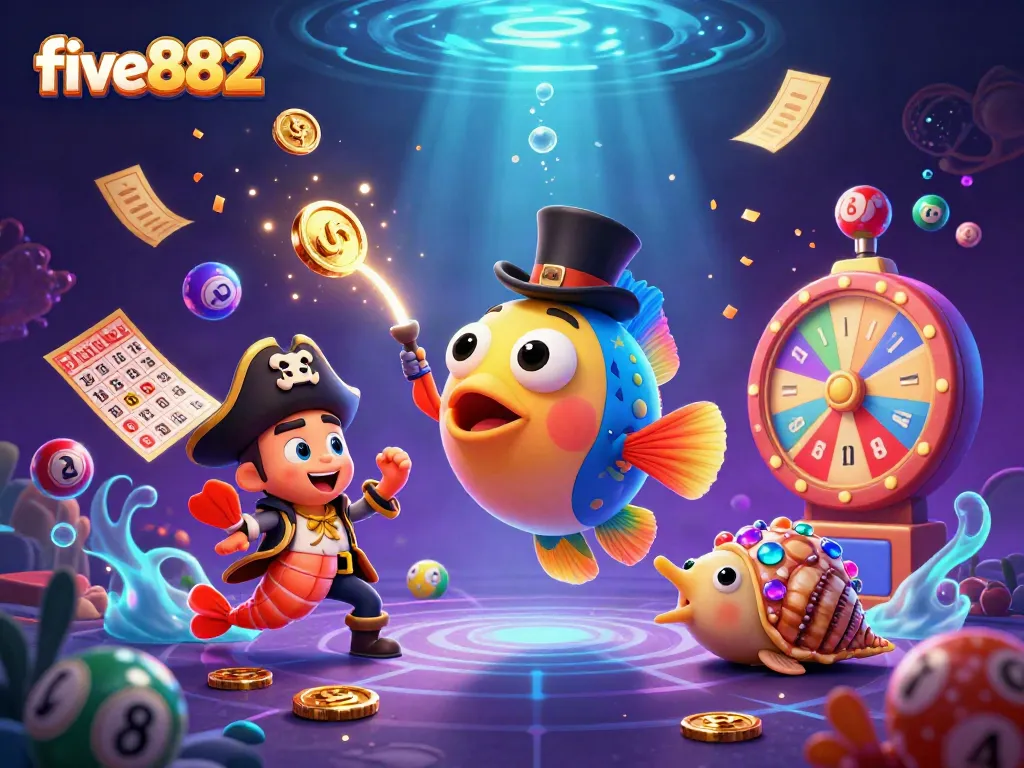 Engage in thrilling jackpots at five882 with vibrant online games featuring glowing treasures and playful sea creatures.