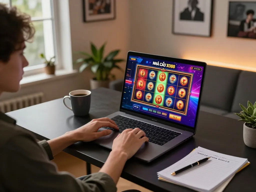 Enthusiastic player engaging with NHÀ CÁI XO88's online casino game from a modern home office setup