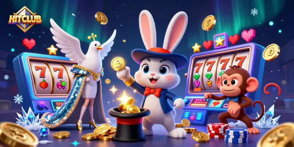 Experience the thrill of entertainment with HITCLUB's dynamic casino scene featuring a magician, dove, and monkey.