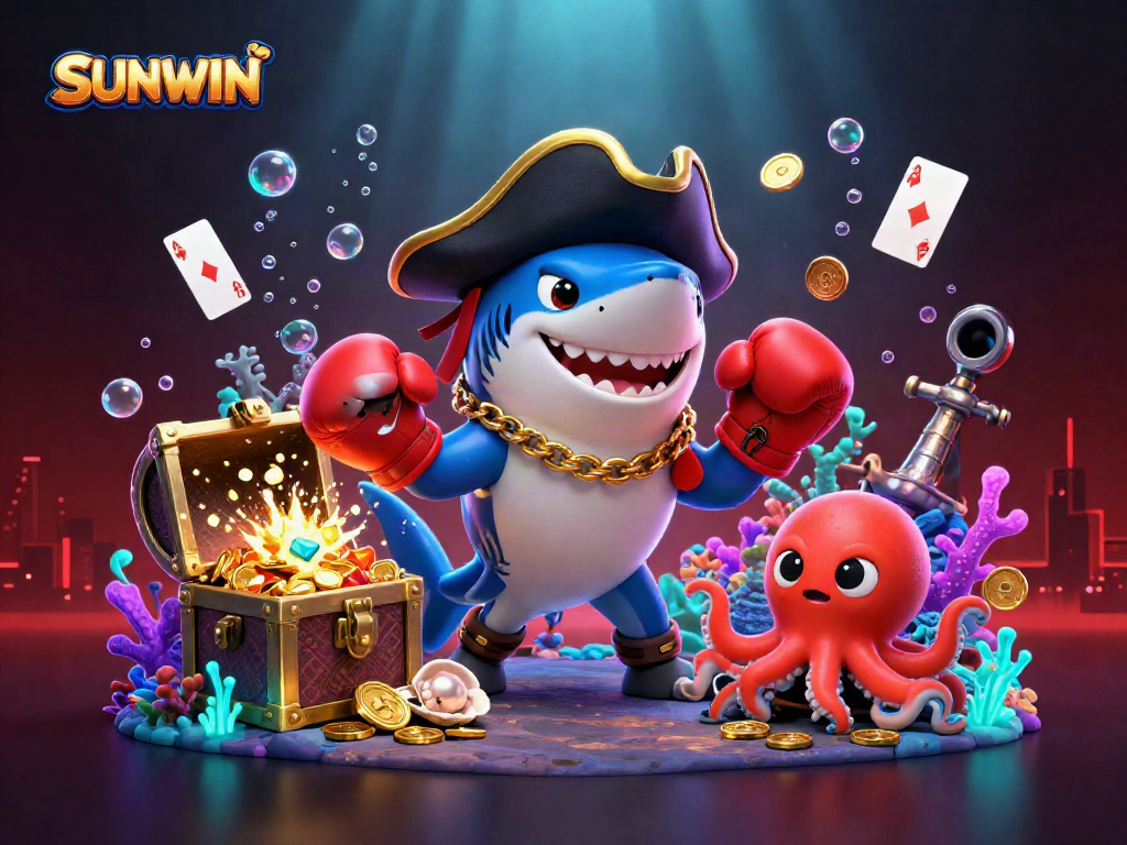 SUNWIN showcases an exciting underwater treasure scene featuring a pirate shark, pufferfish, and octopus surrounded by gold coins.
