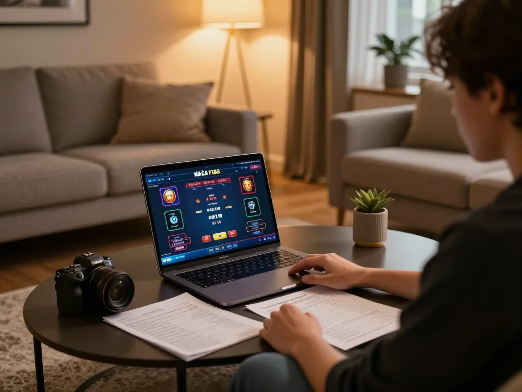 Engaging in online gaming at Nhà cái F168 with a cozy home setup, showcasing strategic notes and intuitive interface.