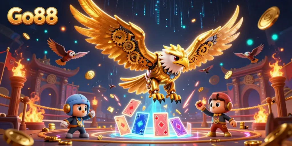 Experience the thrill of Go88 with a dynamic 3D scene featuring vibrant casino elements.