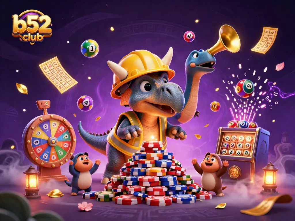 Join the excitement at b52club with a dynamic 3D scene celebrating thrilling casino games.