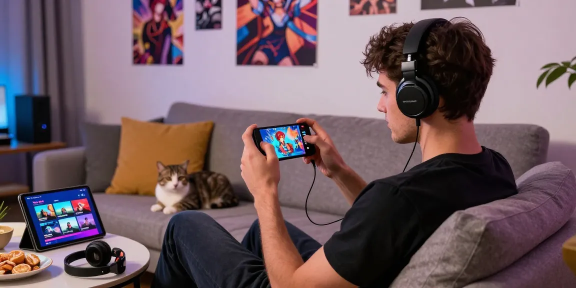 Engaged gamer playing a mobile hentai game in a cozy living room setting.