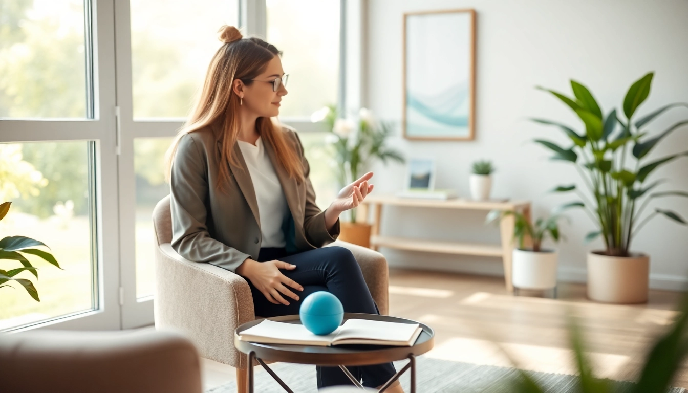 Client discussing stress and anxiety in a serene therapy room with calming decor.