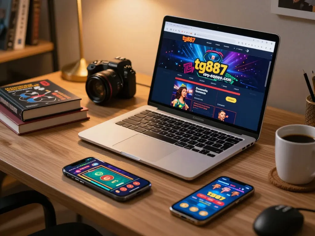 Engaging online gaming setup showcasing tg887.com casino interface with laptop and smartphone, conveying a cozy gambling atmosphere.